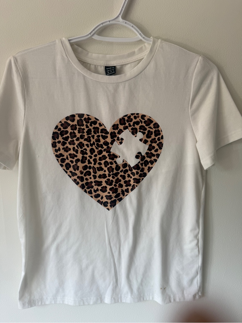SHEIN White Tee with Leopard Heart Print